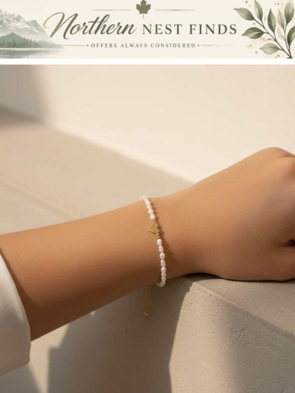 Gold Heart Pearl Bracelet Chain Stackable Dainty Non Tarnish